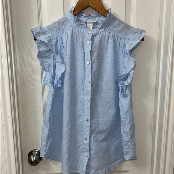 H&M Blue Ruffled Button Down Blouse - Picture 1 of 8